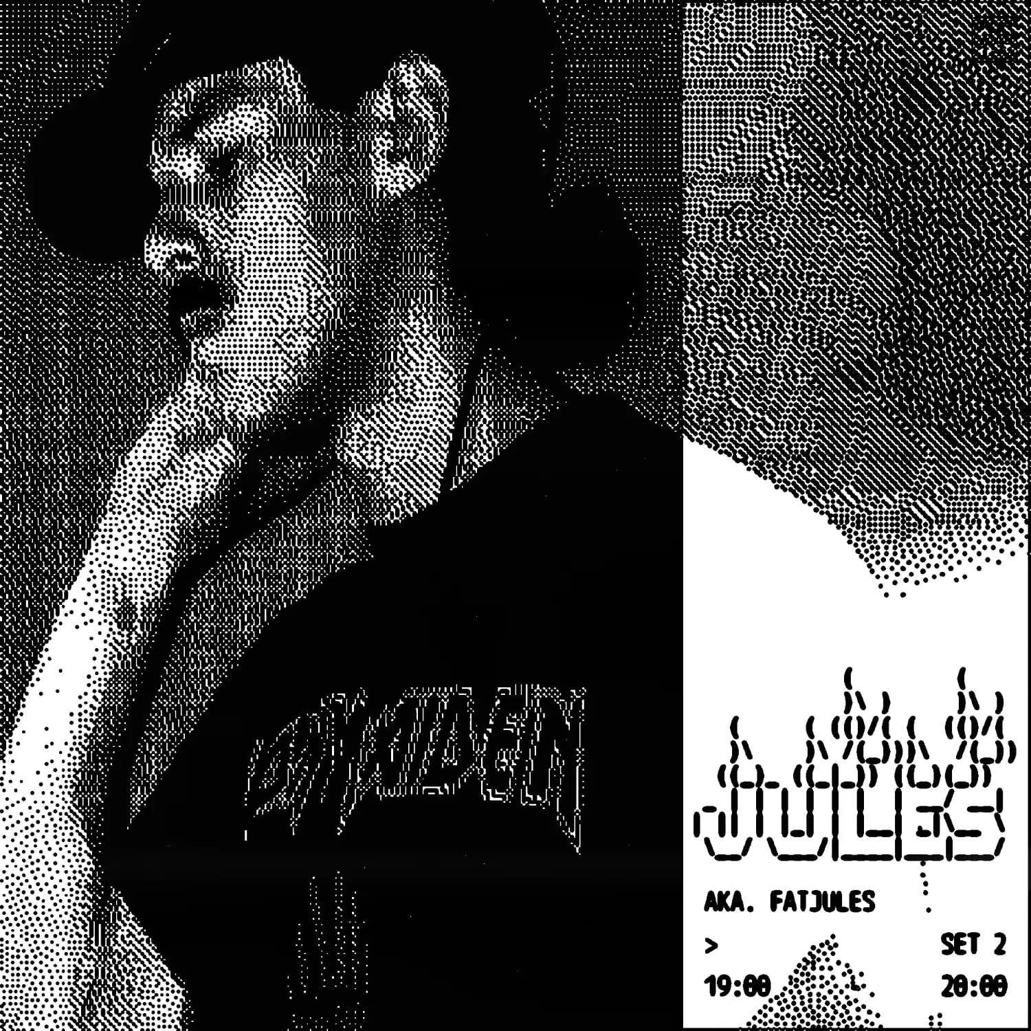 Dithered black and white artist portraits with ASCII-art names and set times.