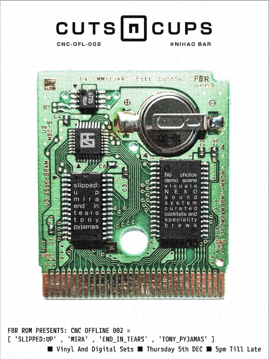 Poster showing a green Game Boy cartridge circuit board with the CNC Offline 002 lineup on its chips.