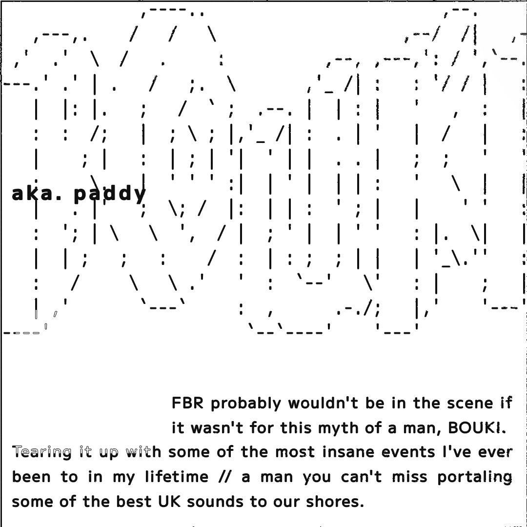 Artist bio cards with large ASCII-art names and a paragraph of text.
