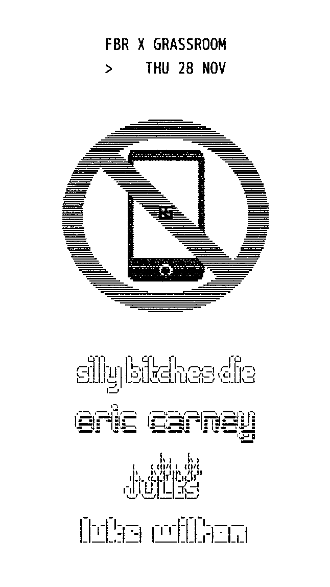 Black and white lineup poster with a crossed-out phone icon and four ASCII-art artist names.
