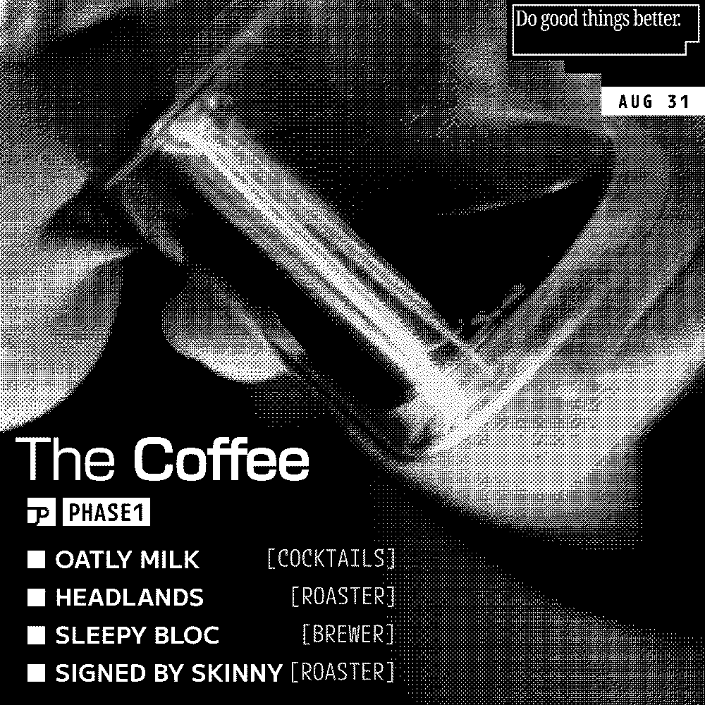 Dithered black and white social graphics, one headed "The Coffee" listing the phase one exhibitors, and three headed "The Culture" with the DJ setlist from 8pm to midnight, artist portraits and the Club 77 afterparty.