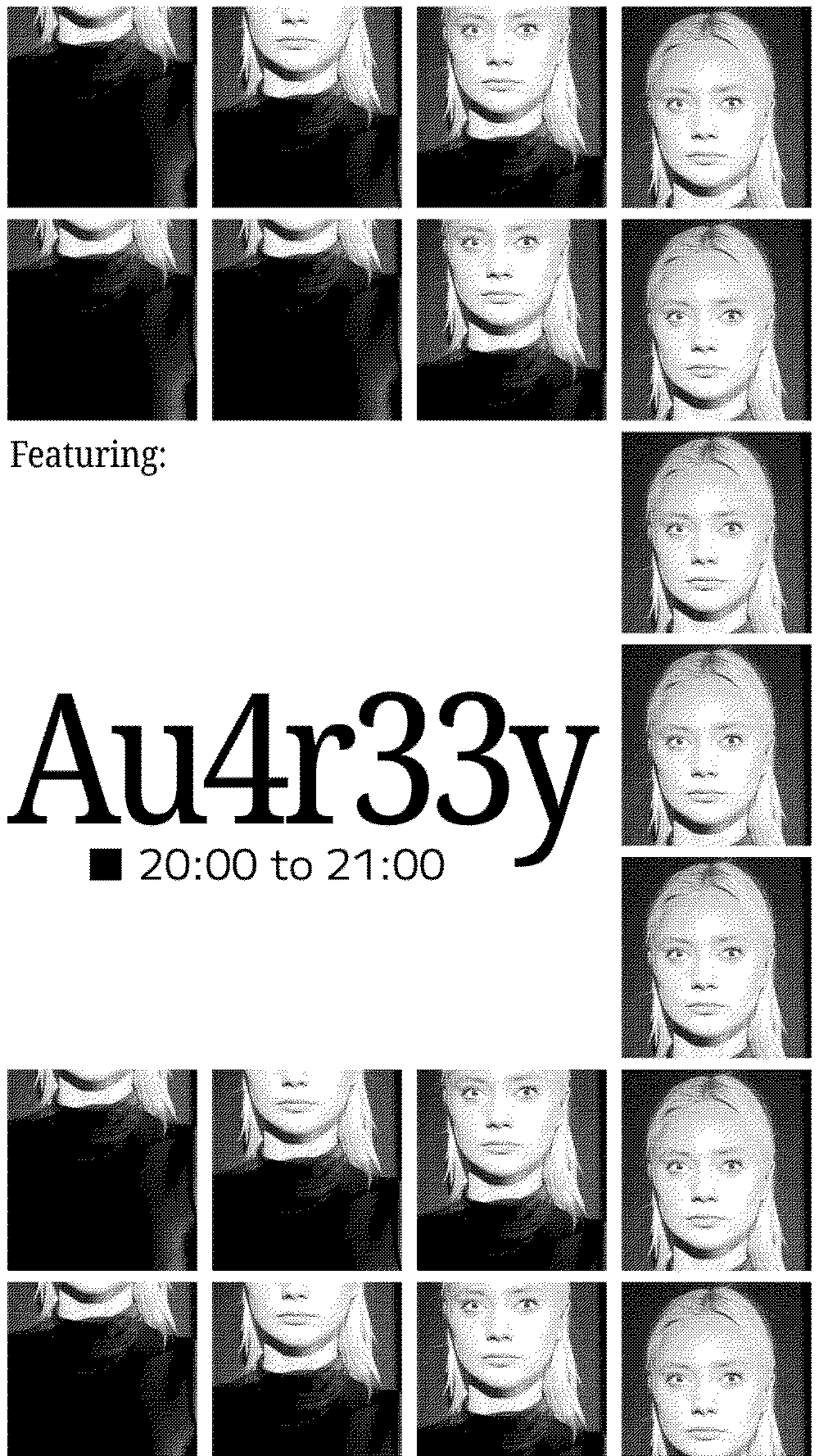 Four dithered story posts, each a grid of repeating portrait tiles around the word "Featuring" and a DJ's name with their set time, from Au4r33y at 8pm to Obeido at 11pm.