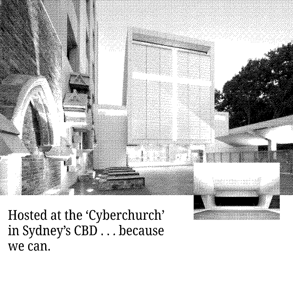 Dithered black and white photos of the church, one captioned "Hosted at the 'Cyberchurch' in Sydney's CBD... because we can", the other a view over the pews noting that proceeds go towards FBR's research into reducing waste in the coffee industry.