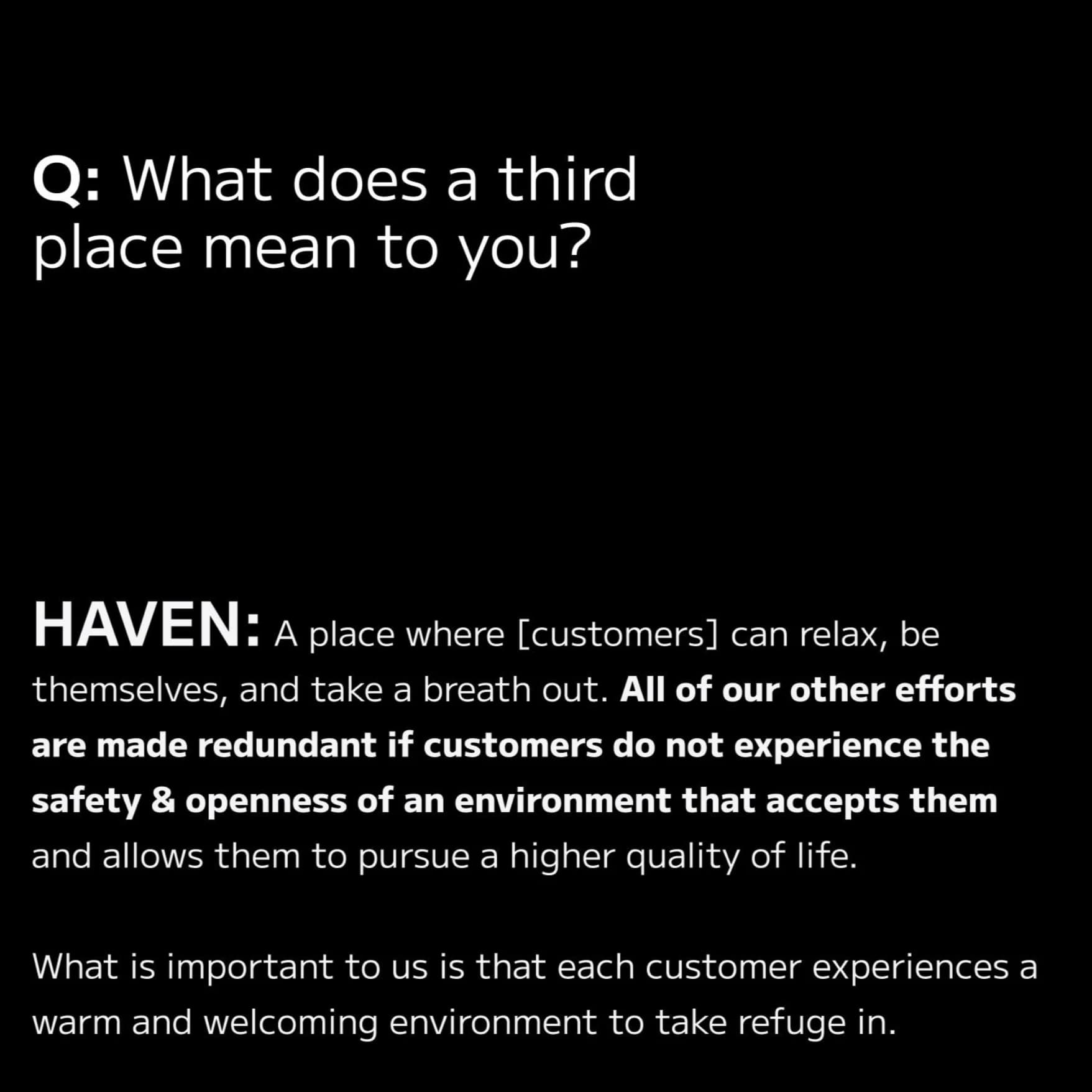 Black interview card answering "What does a third place mean to you?", a CNC003 artist lineup with dithered portraits and pixel-font names, and a green 3D model of the café captioned "The third place".