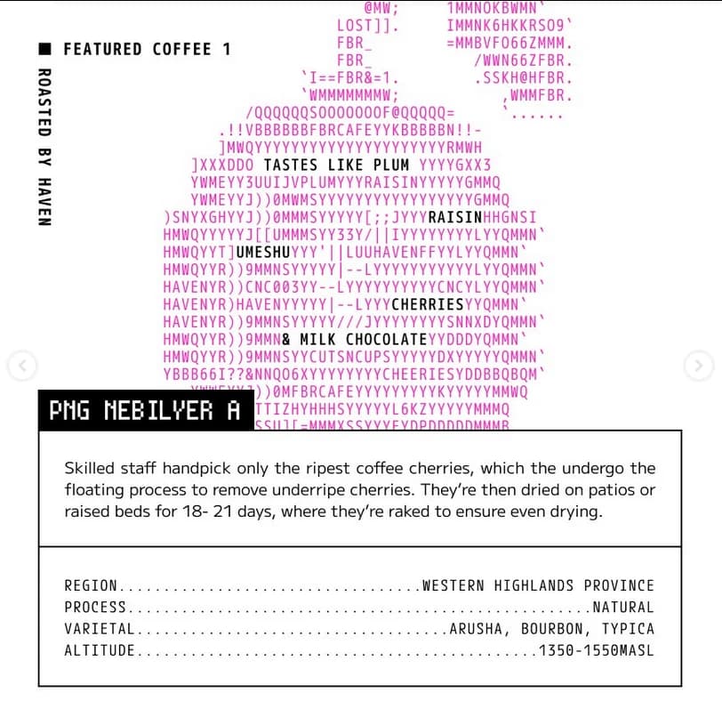 Booklet page for PNG Nebilyer A, roasted by Haven, with a pink ASCII-art coffee cup spelling out flavour notes like plum, raisin, umeshu, cherries and milk chocolate, above a process description and a spec table.